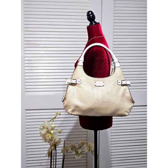 NWOT Kate Spade Women's Beige Canvas White Leather Vanston Dylan Burlap Bag 2252 - Picture 3 of 13